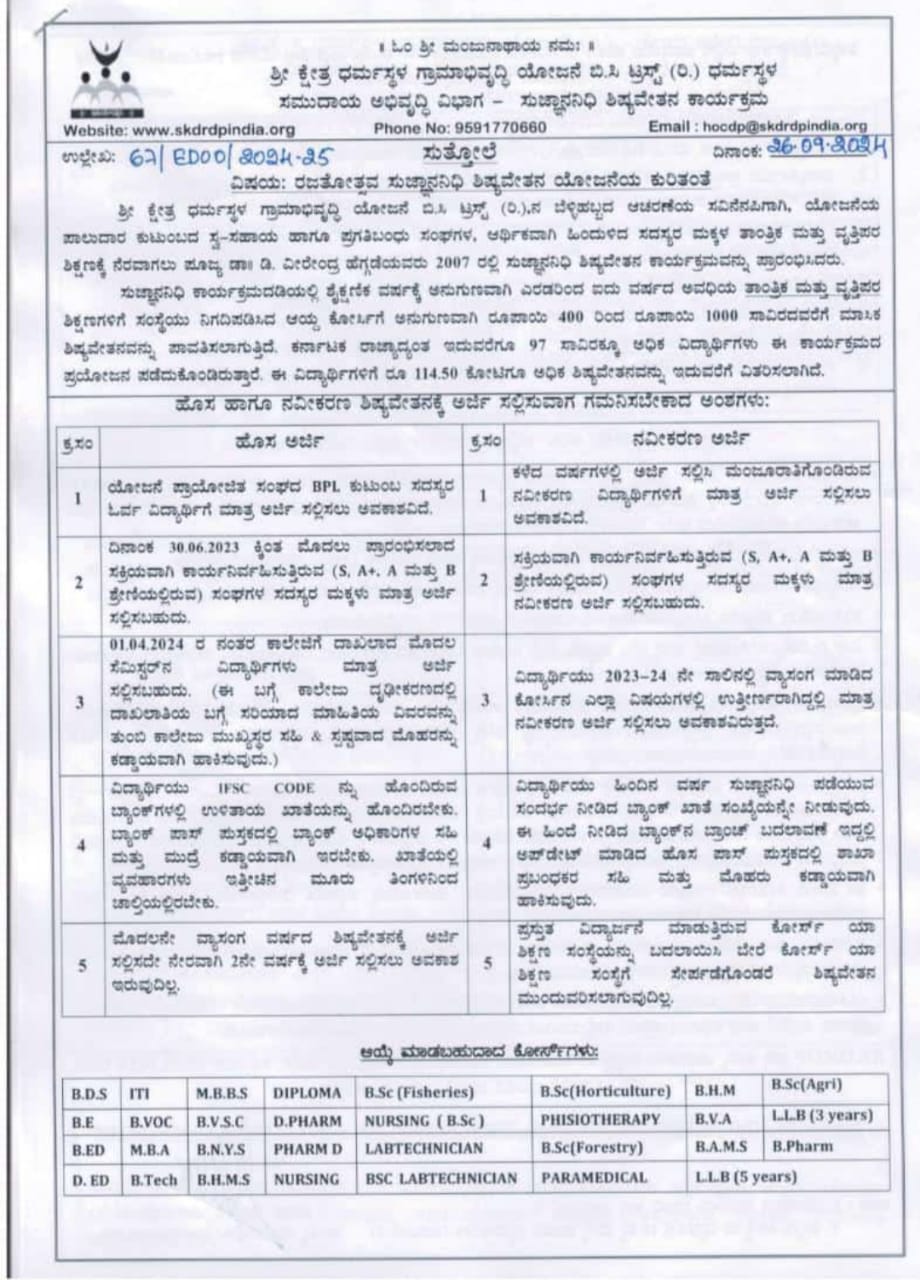 Dharmasthala Scholarship 2024 Apply Online Check Eligibility Criteria