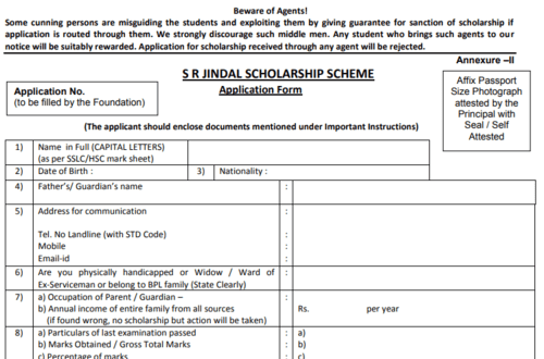 Application form under Sitaram Jindal Foundation Scholarship